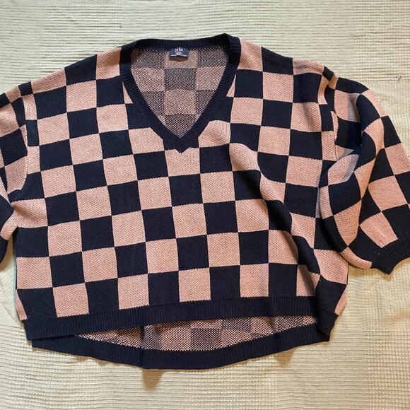 So Money Oversized Checkerboard Knit in Black + Mocha 2X/3X - Picture 1 of 4